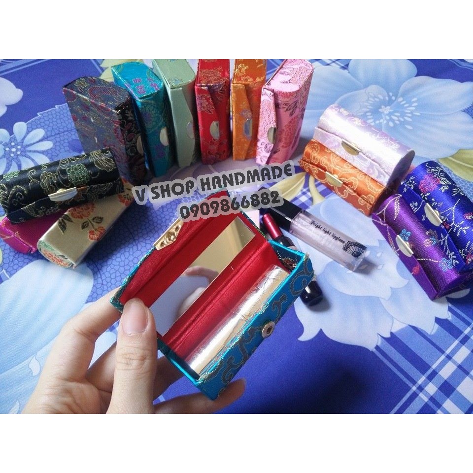 Hộp gấm đựng son có gương loại 1 son