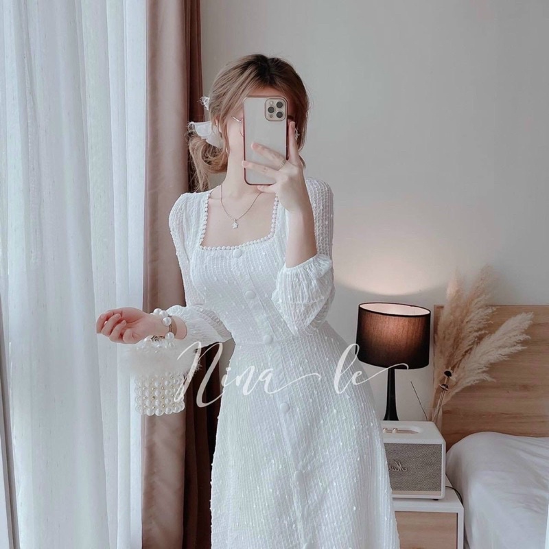 ĐẦM MIDI VOAN BI TRẮNG CỔ VUÔNG
