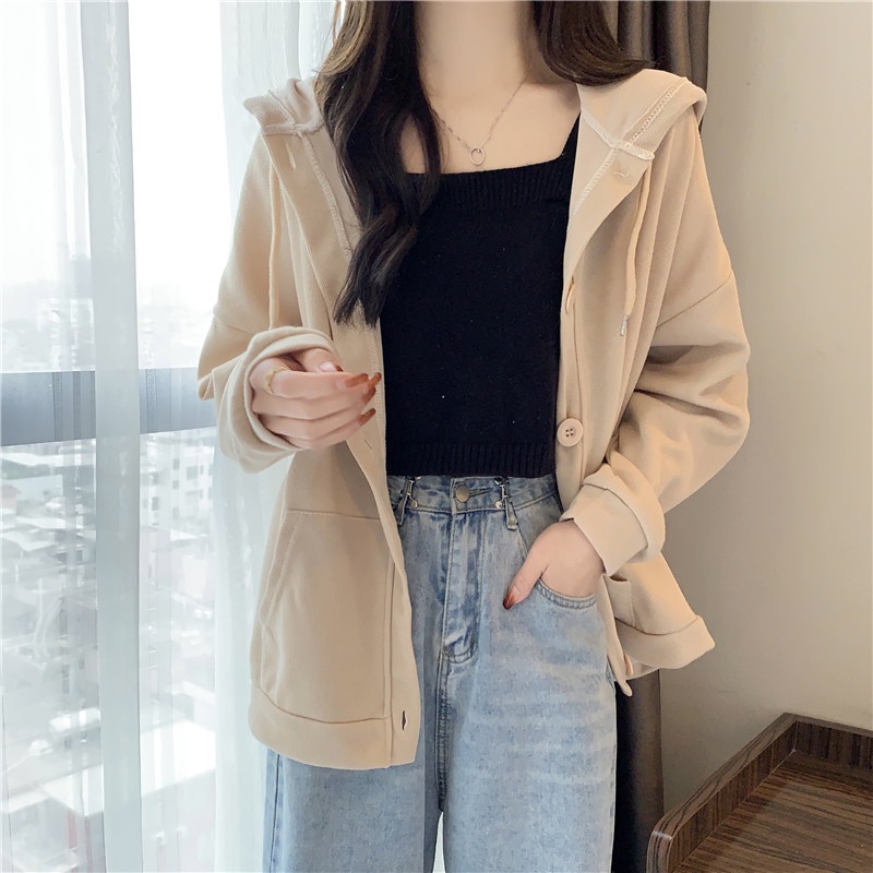 Áo khoác hoodie SUXI tay dài màu sắc đơn giản cho phái nữ