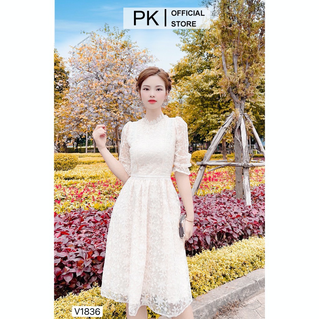 Váy Thiết Kế Dáng Xoè Ren Hoa Nổi V1836, Đầm Thiết Kế Ren Tiểu Thư Cao Cấp - PK Official