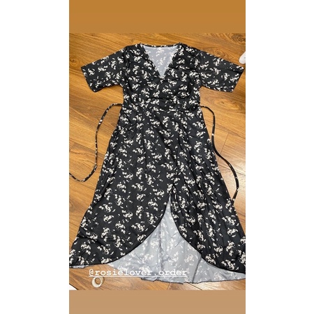 Đầm kiểu dài nữ maxi hoa nhí vạt chéo đắp ngang ngực tay ngắn voan chiffon - Order taobao quảng châu