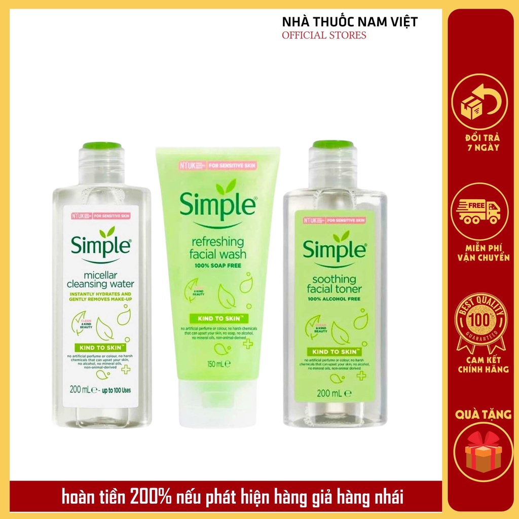 Combo Simple 3 Sản Phẩm Simple Tẩy Trang Sữa Rửa Mặt Toner Nước Hoa Hồng