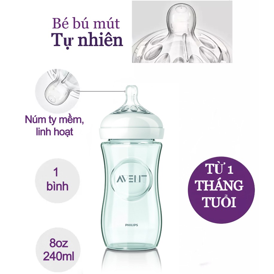 Bình sữa thủy tinh hiệu Philips Avent dòng mô phỏng tự nhiên dung tích 240ml SCF673/13 cho trẻ từ 1 tháng tuổi trở lên