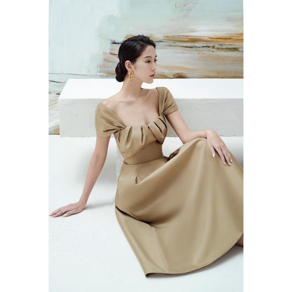 Đầm xoè dự tiệc dài kiểu cúp ngực phối tay con (HÀNG CAO CẤP)