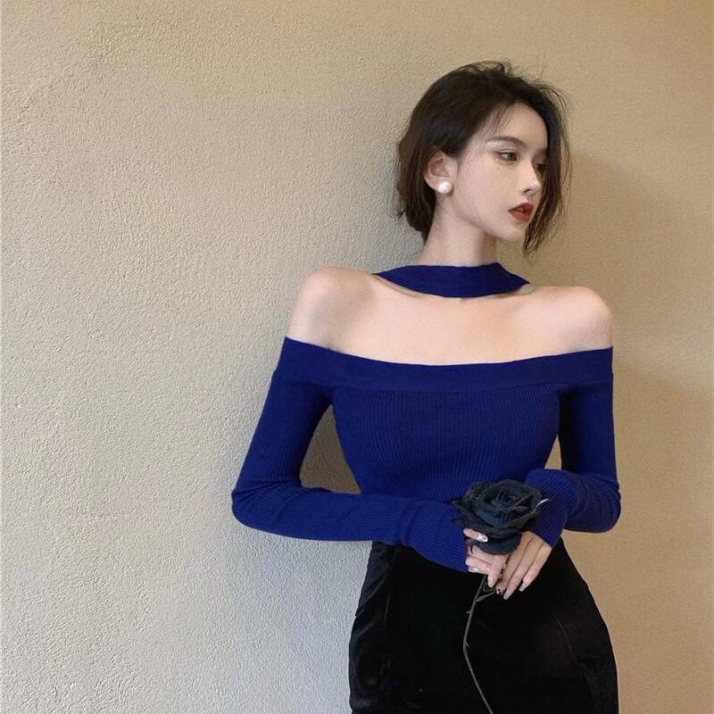 Áo dệt kim tay dài thiết kế trễ vai phong cách Vintage COZOK