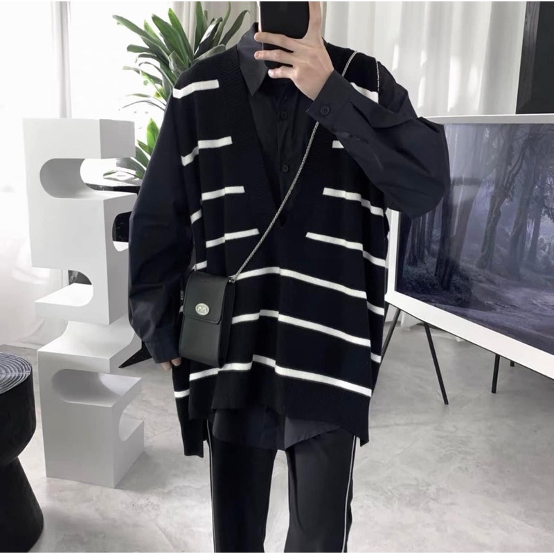 &lt;&lt;Có sẵn&gt;&gt; Áo ghi le len sọc dáng rộng rãi phong cách trẻ trung và cá tính kiểu Hàn quốc cho nam nữ unisex