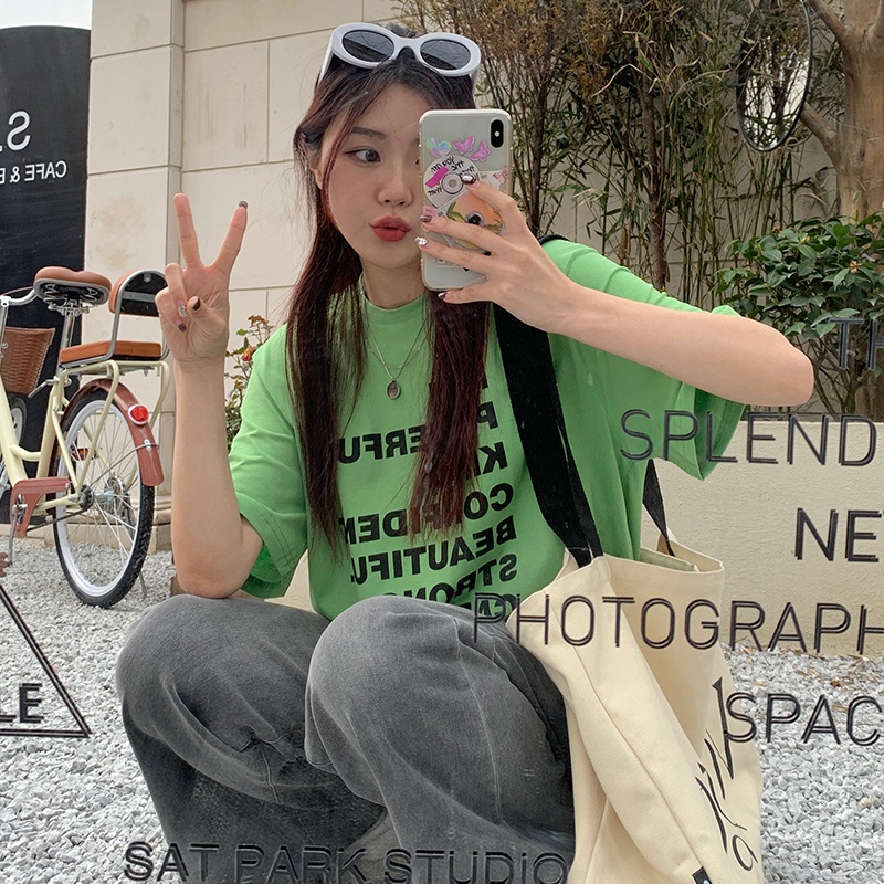 SUXI Áo Thun Tay Ngắn Cổ Tròn Dáng Rộng In Chữ Thời Trang Mùa Hè Cho Nữ