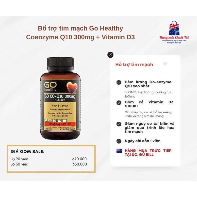 [Hàng Úc đủ bill] Viên uống hỗ trợ tim mạch Coenzyme Q10 300Mg Go Healthy