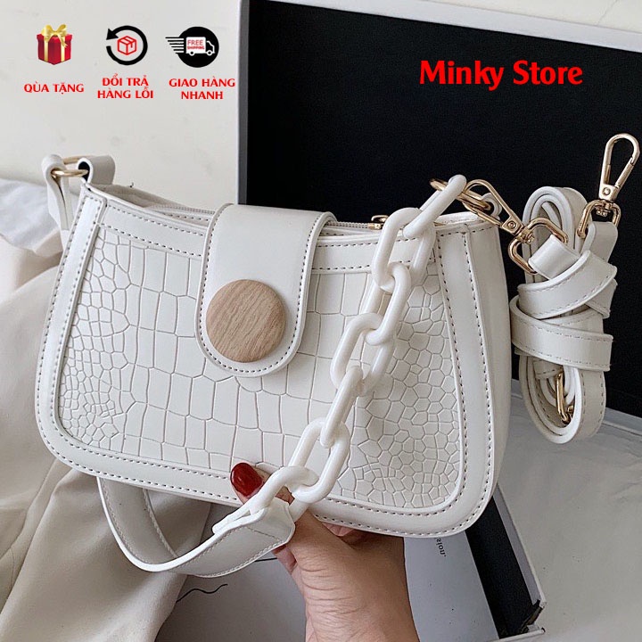 Túi kẹp nách da sần cúc tròn phối quai nhựa Minkystore - T031