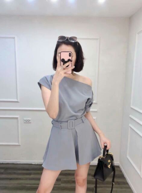 Set áo quần váy kèm belt vải chất liệu tuyết mưa cao cấp