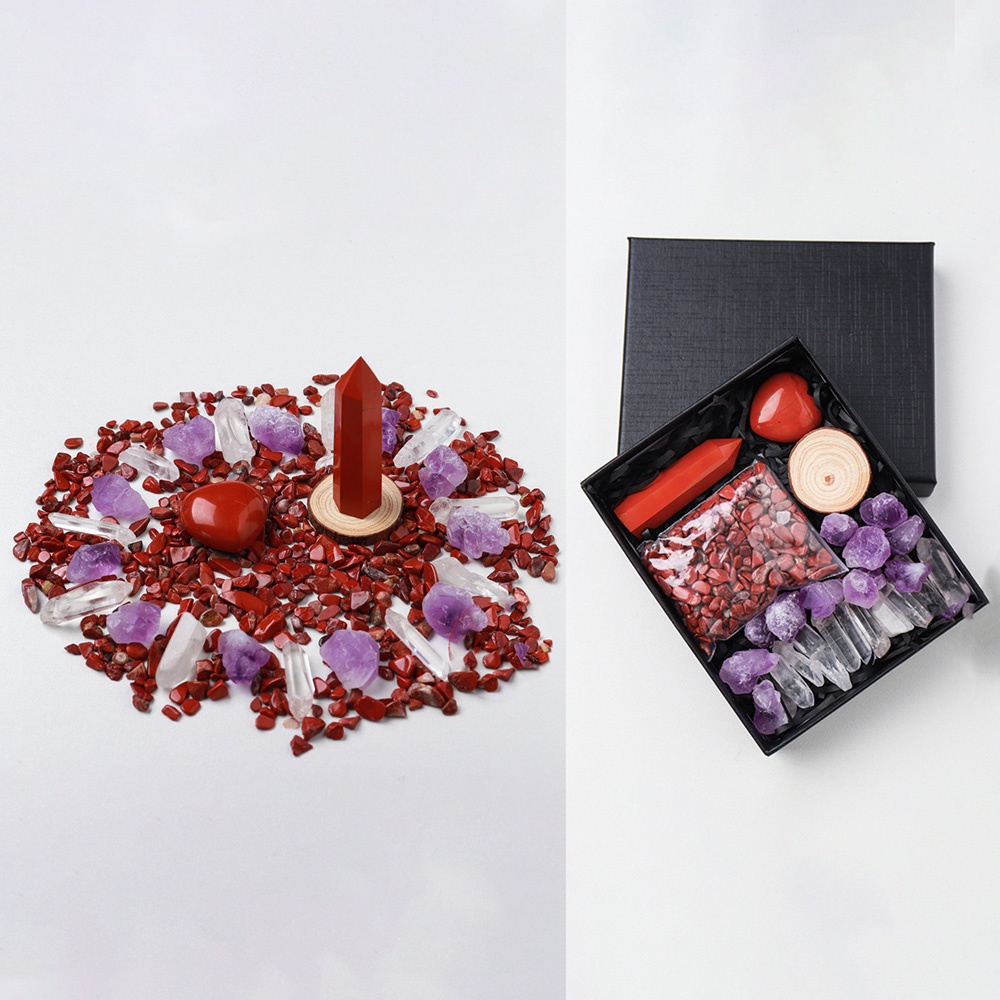 Hộp Quà Chakra Đá Trái Tim, Đá Trụ, Đá Vụn, Đá Amethyst Tooth Kèm Trụ Đá Nhỏ DA50