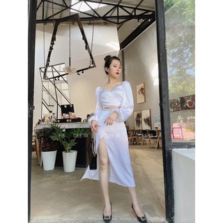 ( ẢNH THẬT - MẪU CEERI ) Set lụa màu nude & trắng
