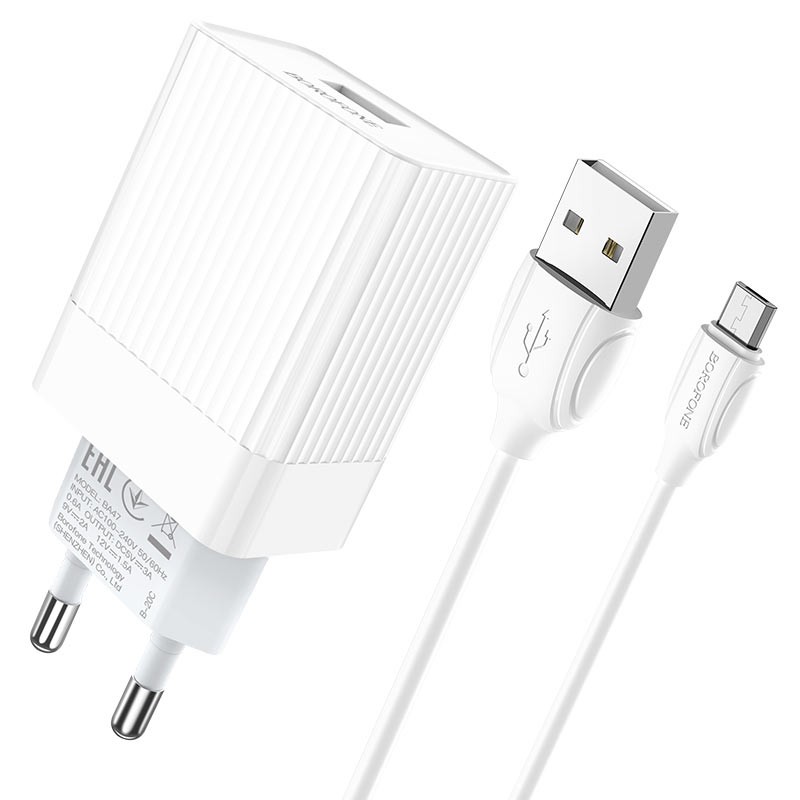 Bộ Cốc và Cáp sạc Borofone BA47A Mighty speed QC3.0 Output 18W - chân Micro-USB / Type-C  - Hãng phân phối