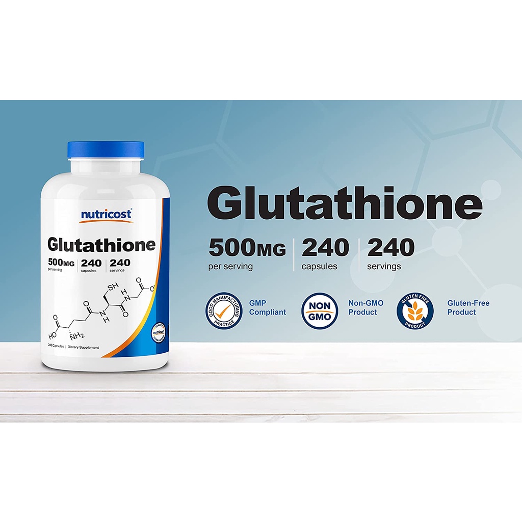 Nutricost Glutathione 500mg Thực Phẩm Bổ Sung Chống Lão Hóa, Giúp Trắng Da Cải Thiện Độ Đàn Hồi Cho Da