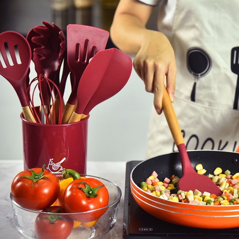 bộ nấu bếp silicon 11 món kèm cốc đựng hàng đẹp