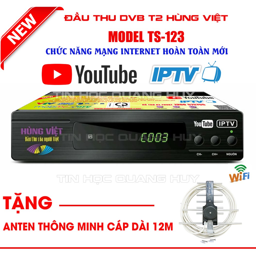 Đầu thu DVB T2 Hùng Việt TS 123 internet tặng anten thông minh