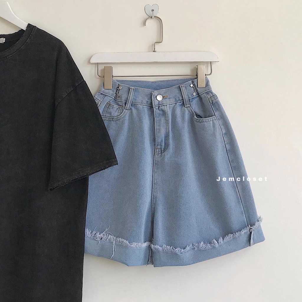Quần Short Jean Nữ  JEMCLOSET Ống Rộng Thỏa Mái Dễ Vận Động Eo Cài GBN - 2700