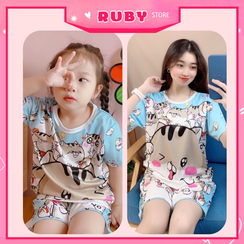 Set thun 3D gia đình mẹ và bé in hình hoạt hình dễ thương Đầm thun phom suông chất thun mềm mát Đầm bộ thun đùi DBRB