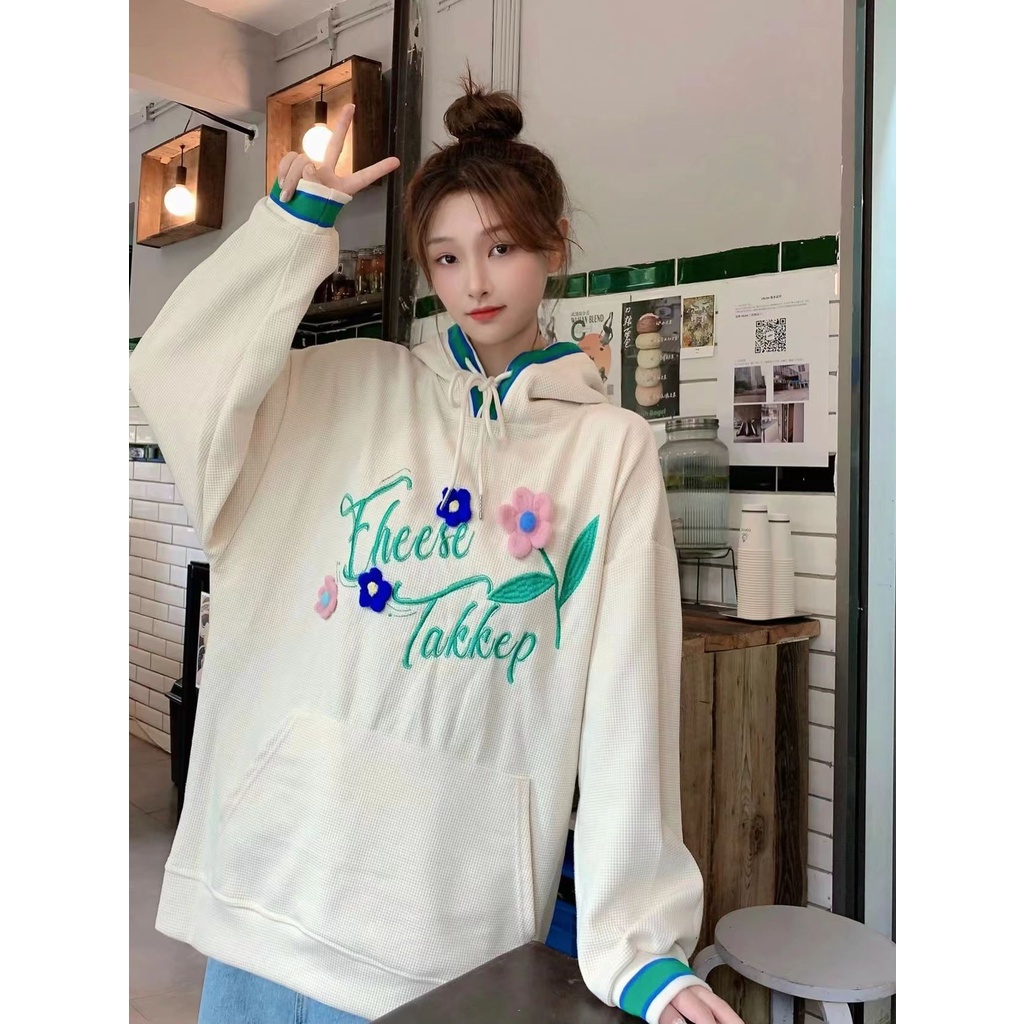 Áo hoodie dáng rộng thêu họa tiết thời trang phong cách cá tính