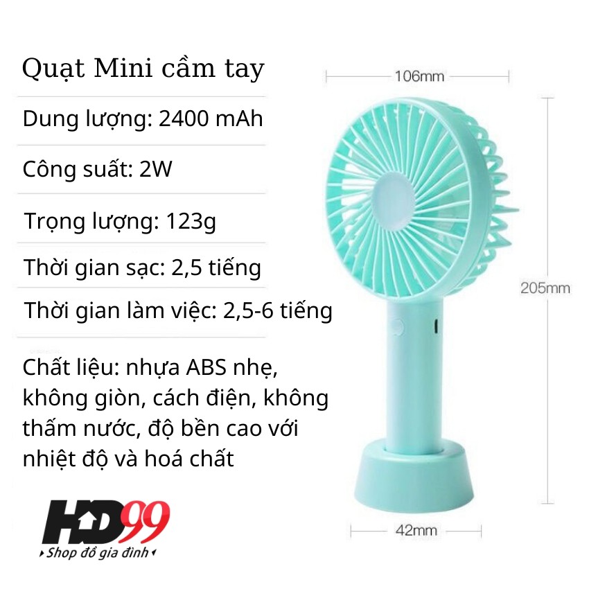 Quạt Mini cầm Tay Tích Điện 3 Chế Độ Gió | Tặng kèm Pin, Dây Sạc và chân Đế