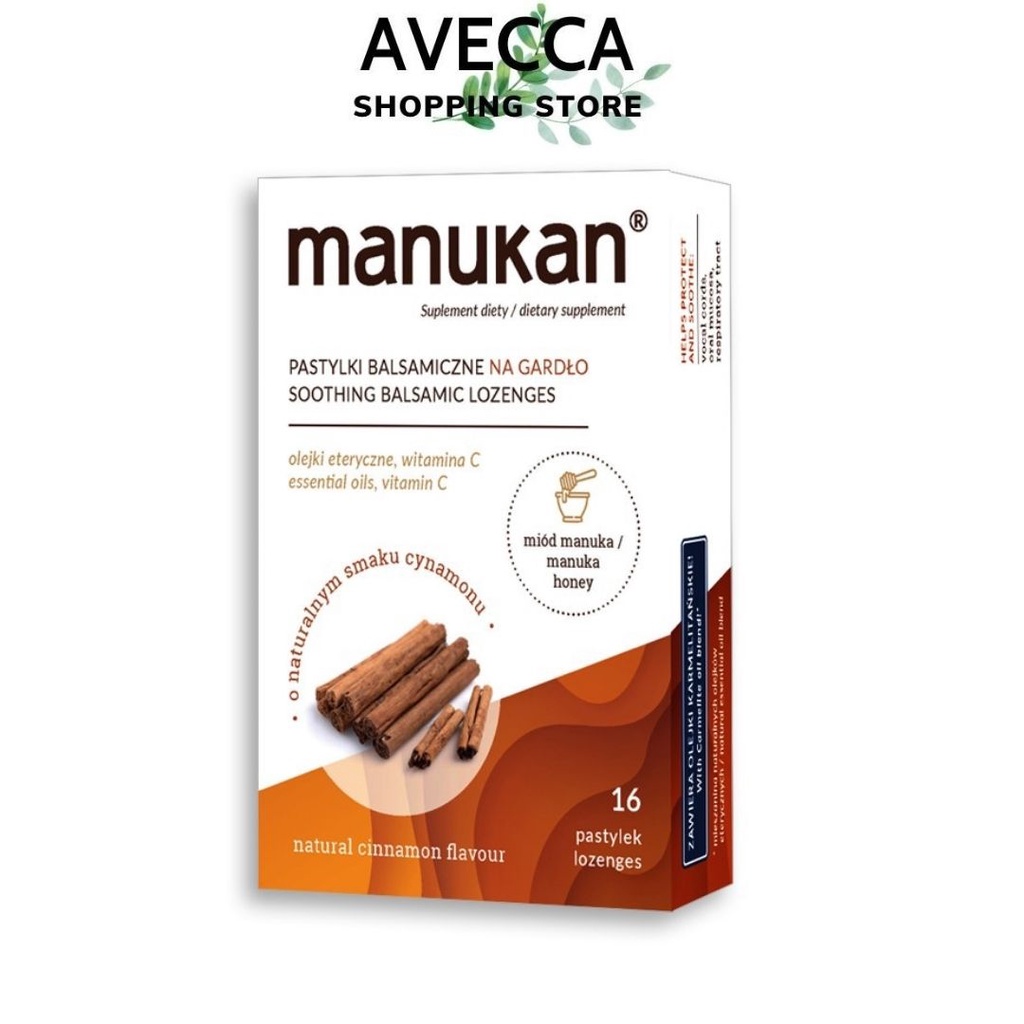 Viên Ngậm Giảm Ho, Đau Họng, Rát Họng Từ Mật Ong, Quế, Vitamin C Manukan Cinnamon Ba Lan ( Hộp 16 viên)