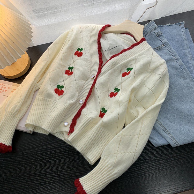 Áo Cardigan dệt kim dài tay cổ chữ V hoạ tiết cherry thiết kế đơn giản