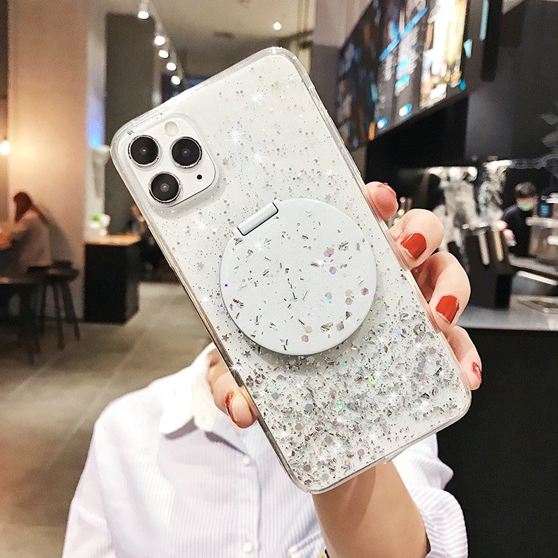 Case iPhone 12 Mini 11 Pro Max 6 6S 7 8 Plus X XR XS XS Max SE 2020 Epoxy Silver Foil Glitter Phone Case With a round mirror