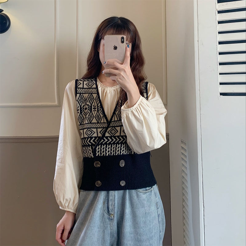 Áo gile sweater dệt kim ôm eo cổ chữ V xinh xắn cho nữ