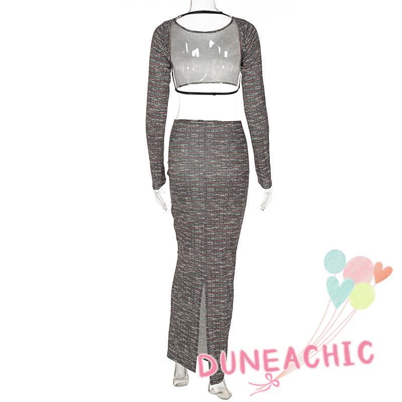 DUNEA Set Áo Thun Lửng Tay Dài Hở Lưng 2 Dây + Chân Váy Dài Thời Trang Nữ