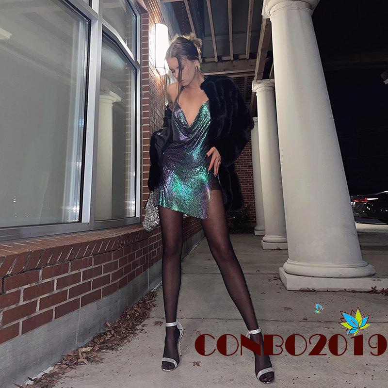 Đầm Body Cổ Yếm Đính Kim Sa Lấp Lánh Thời Trang Mùa Hè Cho Nữ