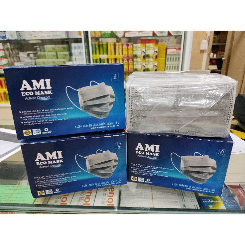 KHẨU TRANG AMI 4 LỚP MÀU XÁM (HỘP 50 CÁI)
