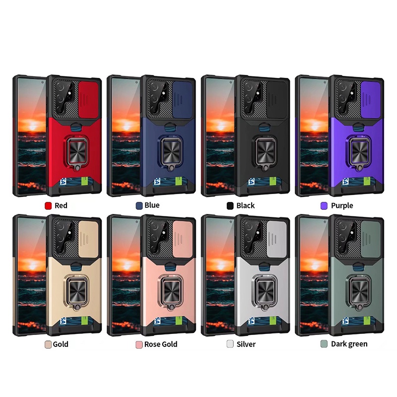 Card Holder Wallet Phone Case For Samsung Galaxy S22 Plus S22 S22 Ultra S21 S30 S21 Plus S21 Ultra Shockproof Protection Slide Camera Metal Ring Magnetic Car Cover