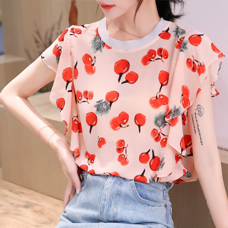 Áo Sơ Mi Chiffon Tay Ngắn Cổ Tròn In Họa Tiết Phong Cách Mới Cho Nữ