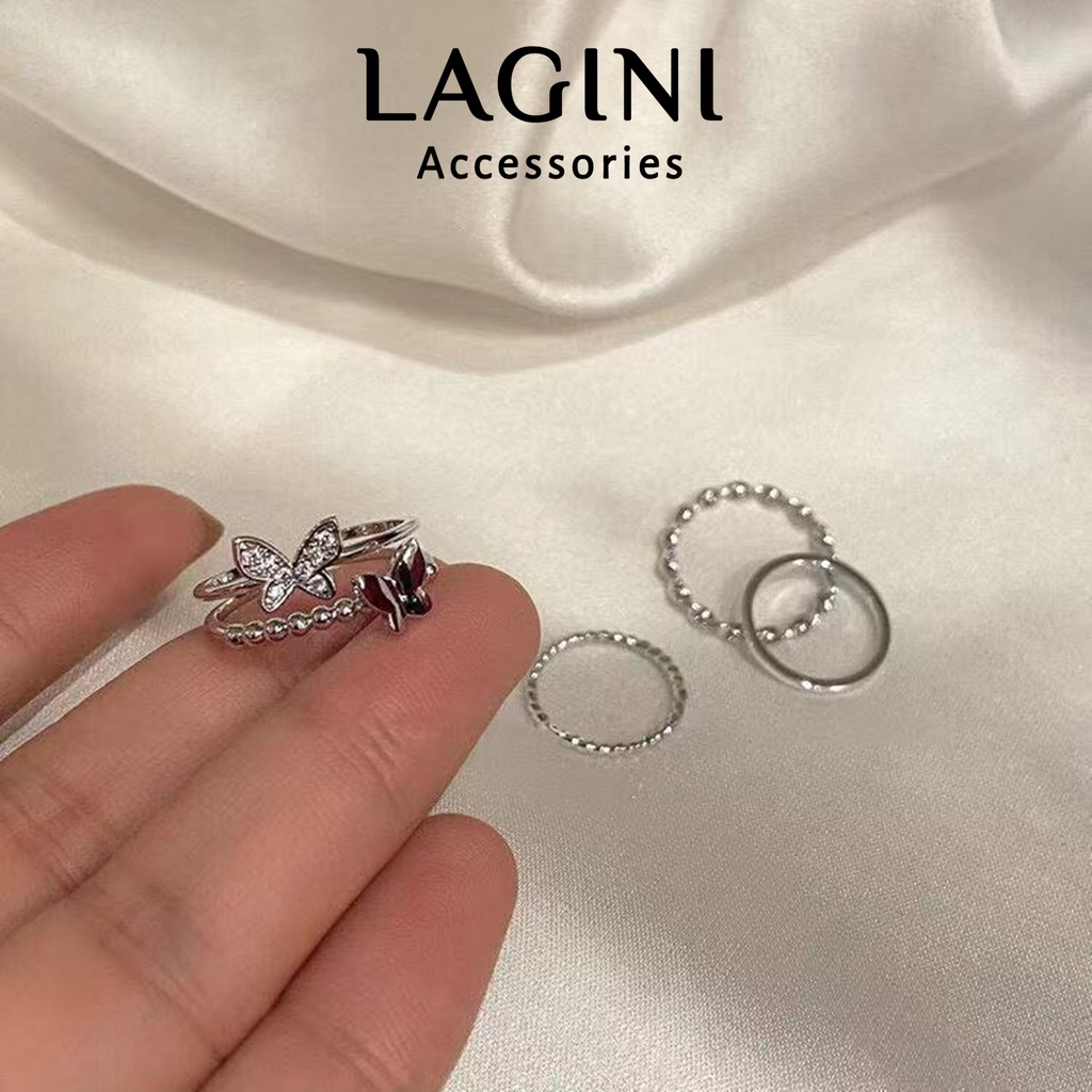 Set 4 nhẫn hợp kim gắn bướm đính đá Lagini phong cách Hàn Quốc cá tính dành cho nữ