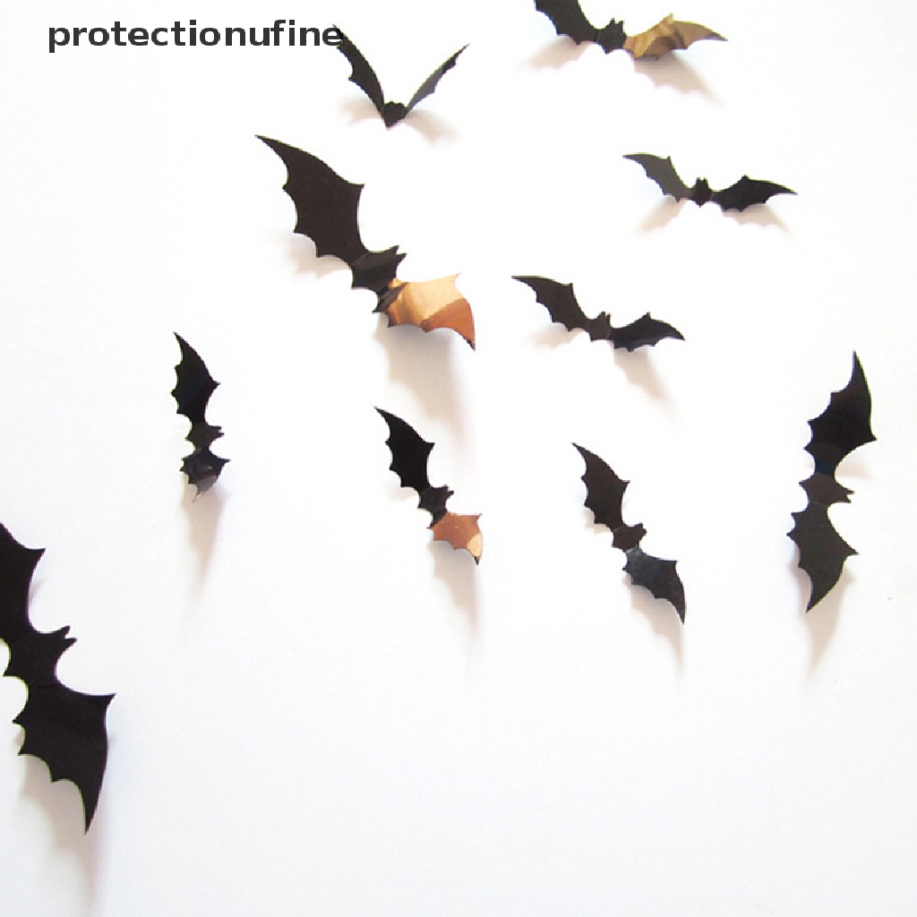 Bộ 12 Miếng Dán Trang Trí Halloween 3D Bằng PVC Màu Đen Hình Dơi