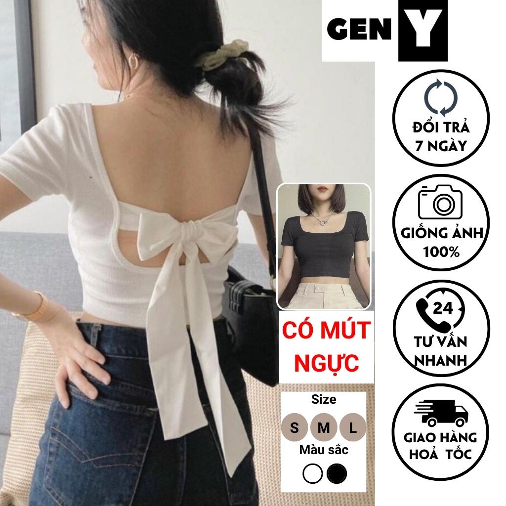 Áo Croptop cổ vuông buộc nơ lưng có mút ngực GenY - Áo Kiểu Nữ Hở Lưng Ôm Body Chất Thun Gân Dày Dặn Siêu Xinh
