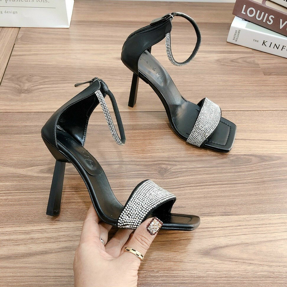 Sandal cao gót nhọn 9p bản quai ngang xoàn đá hàng chuẩn form chất da mềm đẹp