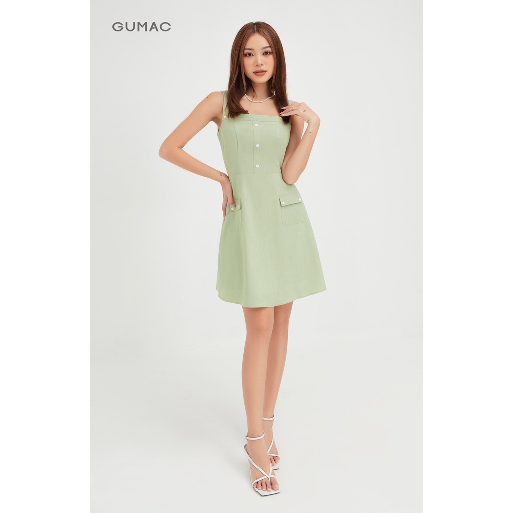 Đầm body nữ 2 dây phối túi GUMAC thiết kế tiểu thư màu xanh DB420