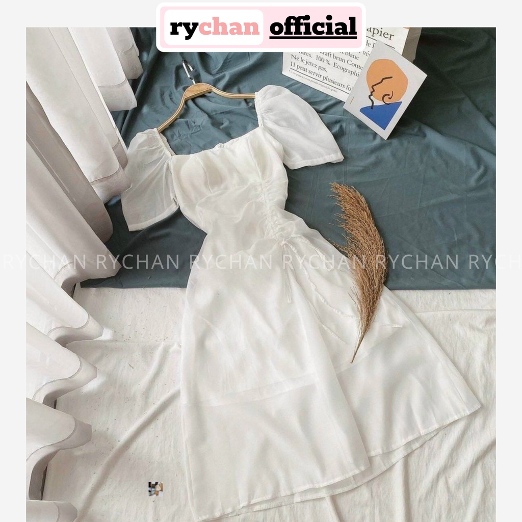 Đầm Xòe Midi Tay Phồng Rút Sườn 2 Màu Trắng Đỏ Sang Trọng [Ảnh Thật Cuối] - DX0071