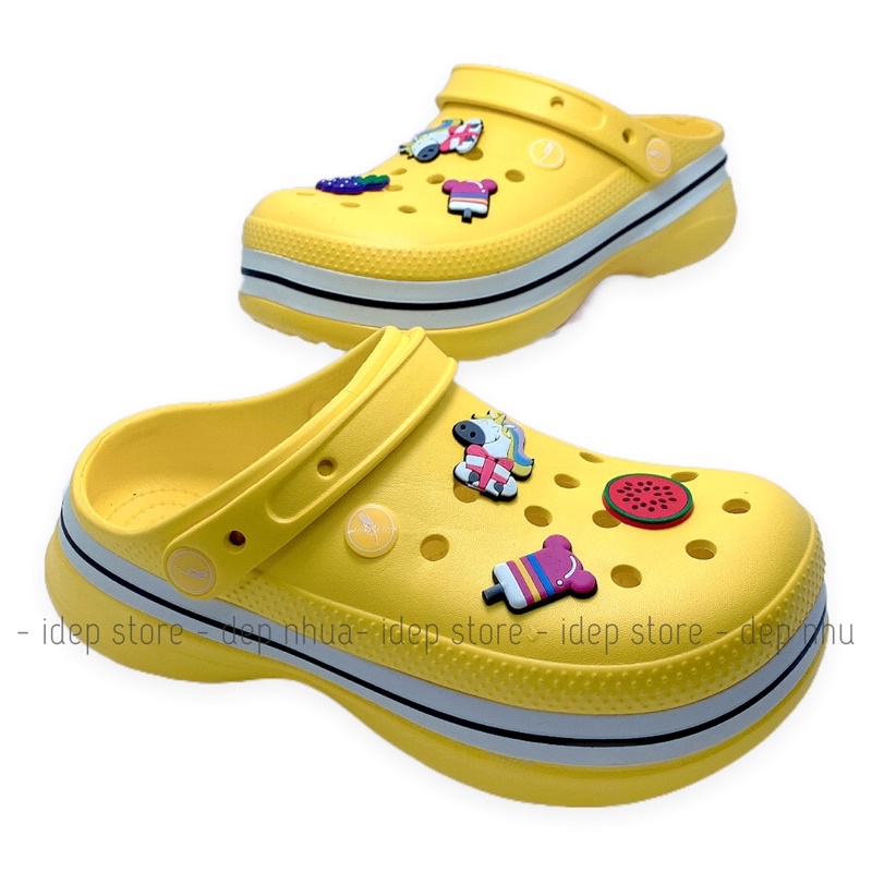 Dép sục crocs clog nữ đế độn cao 6cm tặng 8 sticker dễ thương - Dép sục đế dày cao cấp iDÉP SL067 (Đen)