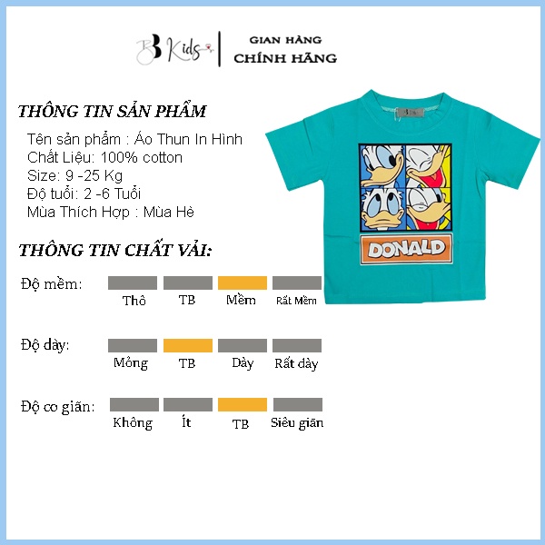 Áo Thun Ngắn Tay BB Kids Cho Bé In Hình Vịt Donal Chất Liệu Cotton 100% Co Giãn 4 Chiều