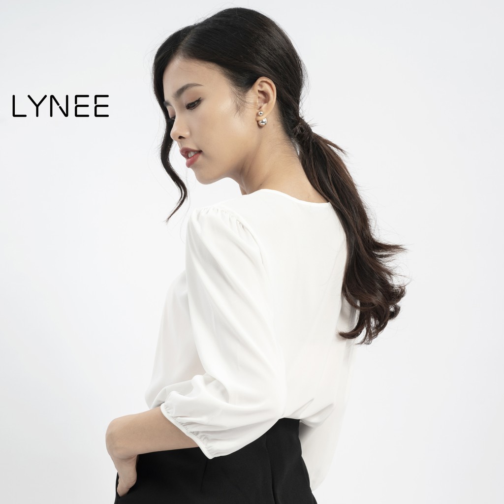 Áo sơ mi nữ kiểu bánh bèo LYNEE áo kiểu cổ tròn nút giả tay lỡ nhúm thun - A16
