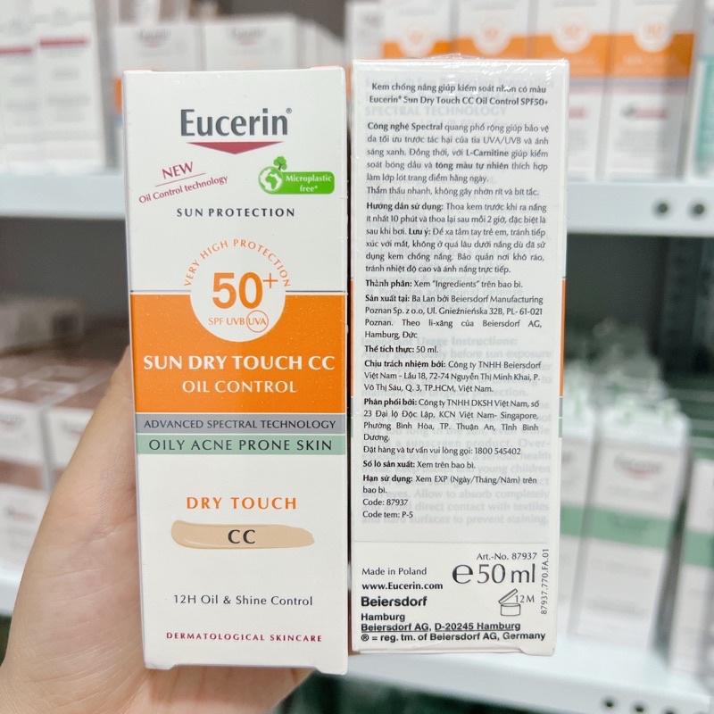 Eucerin Kem Chống Nắng Kiểm Soát Nhờn Trang điểm Sun Oil Control Dry Touch CC SPF50+ 50ml