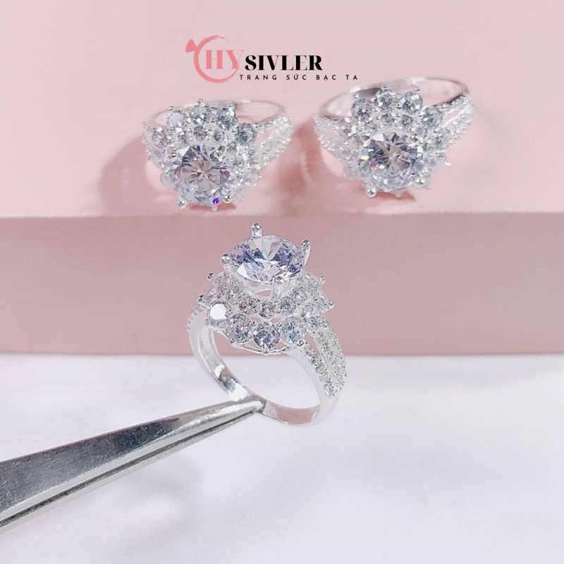 Nhẫn bạc ta hoa sen to đính 3 hàng đá viên đá chủ 7 ly nhẫn nữ bạc thật giá rẻ CHY SILVER