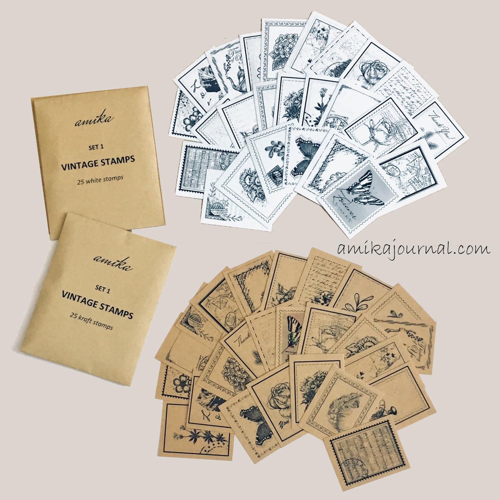 Vintage Stamp Stickers - Set S1: 25 sticker tem dán vintage trắng, kraft