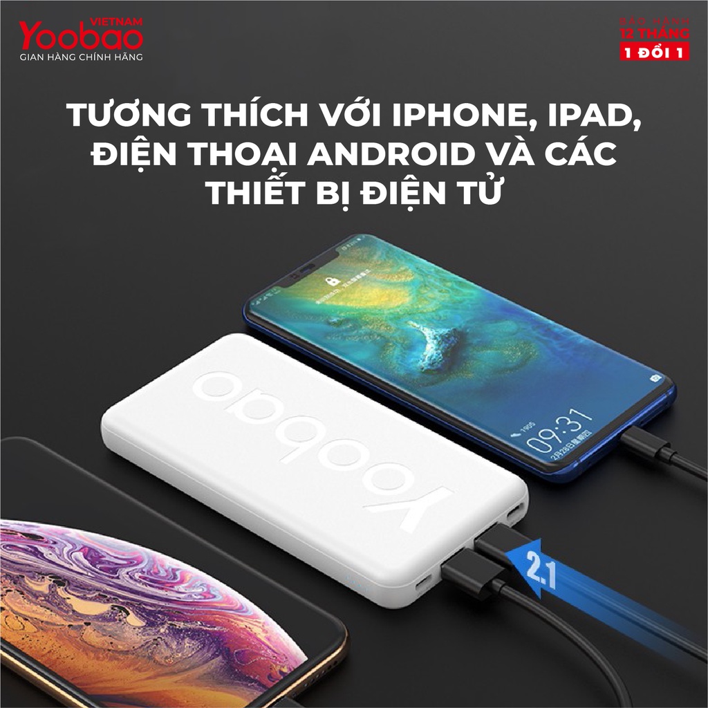 [TẶNG CÁP SẠC] Sạc dự phòng 10000mAh Yoobao P10T Sạc nhanh 2.1A  Thiết kế hiện đại, siêu mỏng, siêu nhẹ.