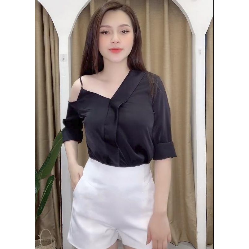 Áo Sơ Mi Nữ Lụa Đen, Áo Nữ Công Sở Lệch Vai Sexy, Dáng Đẹp Kiểu Hàn Quốc, Min Clothing