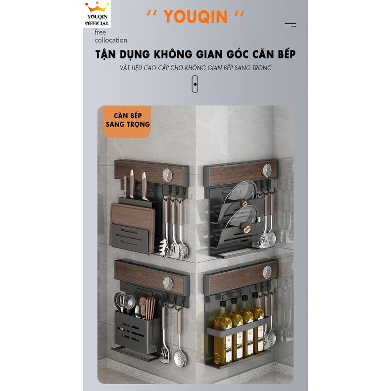 Giá Móc Treo Đồ Nhà Bếp - YouQin Chất Liệu Gỗ Walnut , Dán Keo Siêu Chắc, Không Khoan Đục