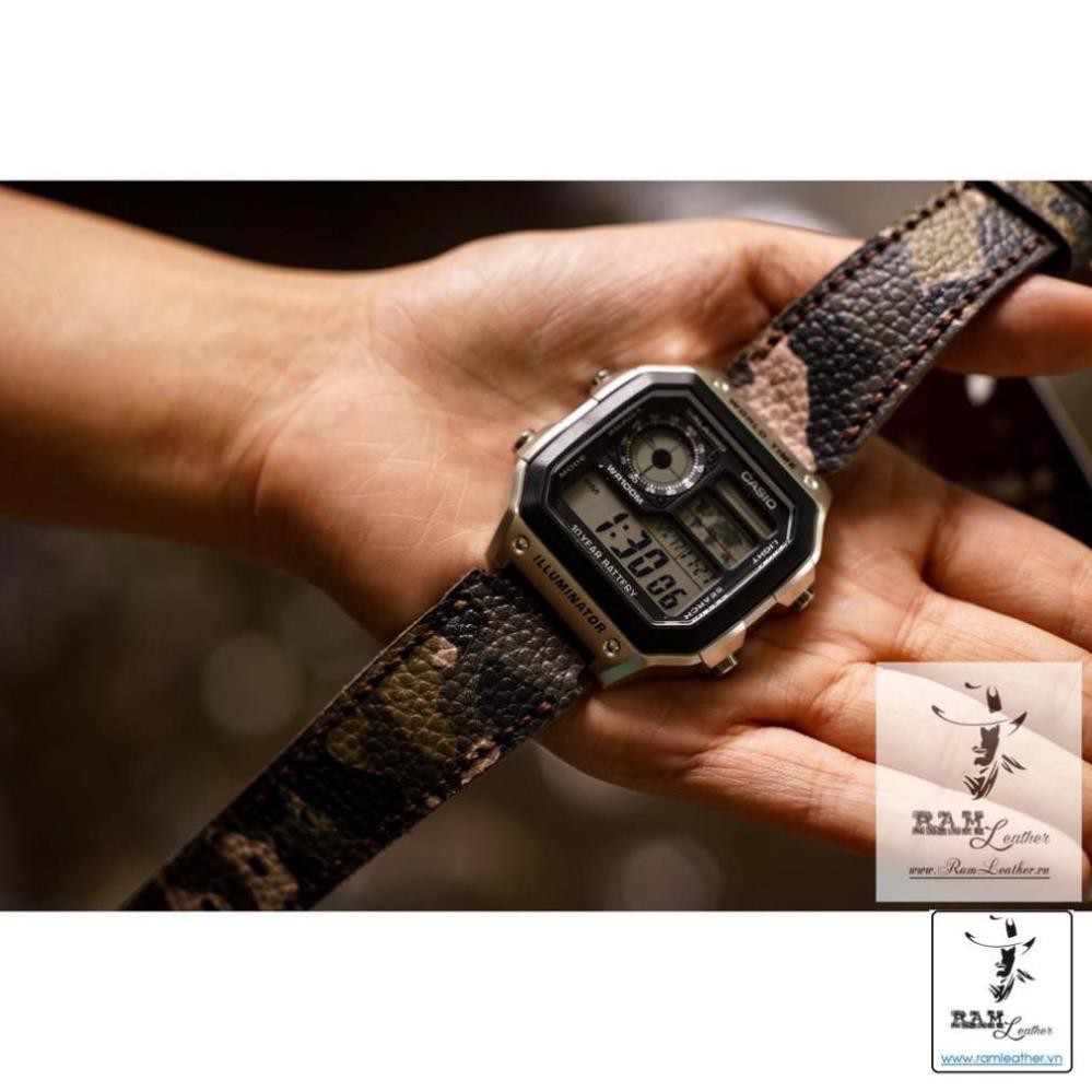 (DA BÒ CAO CẤP) DÂY ĐỒNG CASIO DA BÒ THẬT RAM 1930 RĂN RI QUÂN ĐỘI