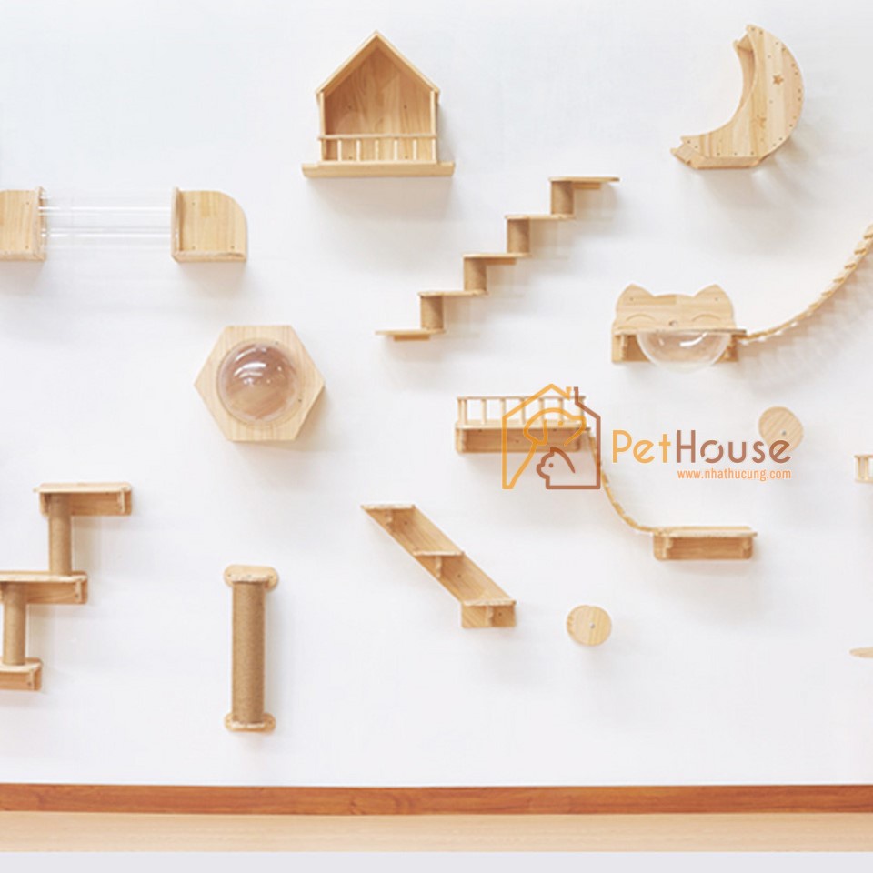 Khu vui chơi liên hoàn cho mèo 6 chi tiết chất liệu gỗ thông tự nhiên pethouse